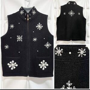 Lisa International Sz M 100% Boiled Wool Black Pearl Snow Zip Up Vest Sweater